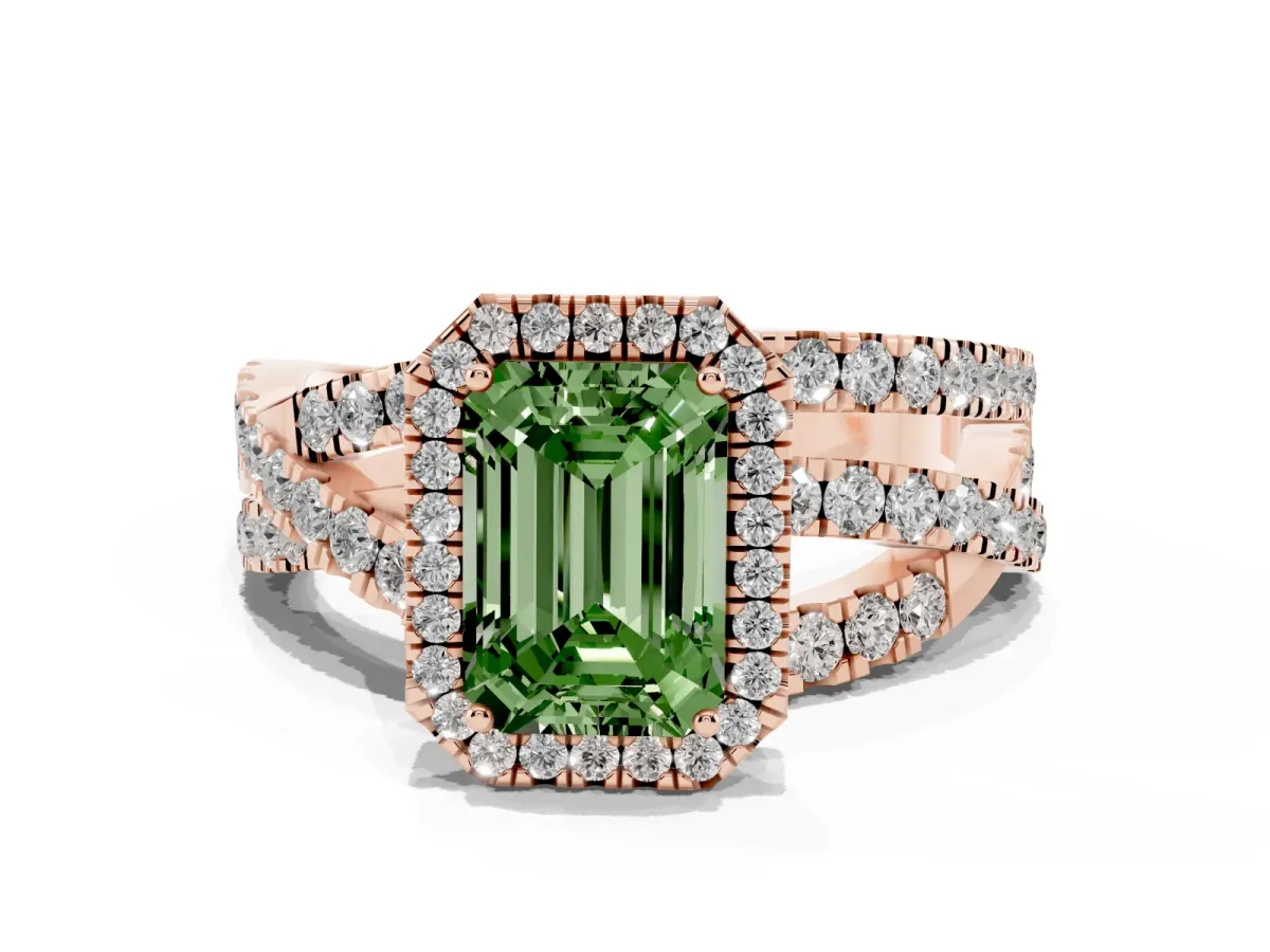Fancy Green Emerald Cut Diamond Halo Ring with Round Split Shank and Prong Setting Rose gold