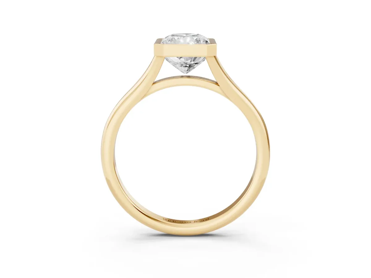 Bezel Set Radiant Cut Cut Solitaire Ring with Tapered Band Yellow gold