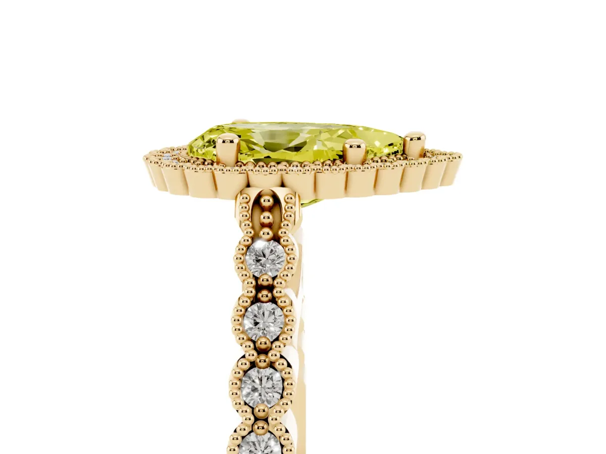 Fancy Yellow Pear Cut Cut Halo Pavé Solitaire Ring with Milgrain Band Yellow gold