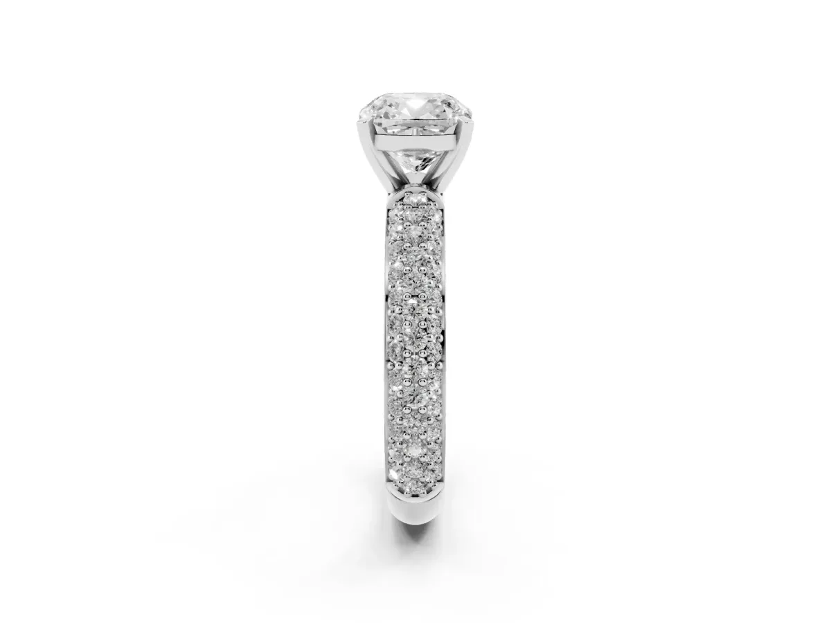 Cushion Cut Diamond Solitaire Ring with Prong Setting and Pavé Band Silver