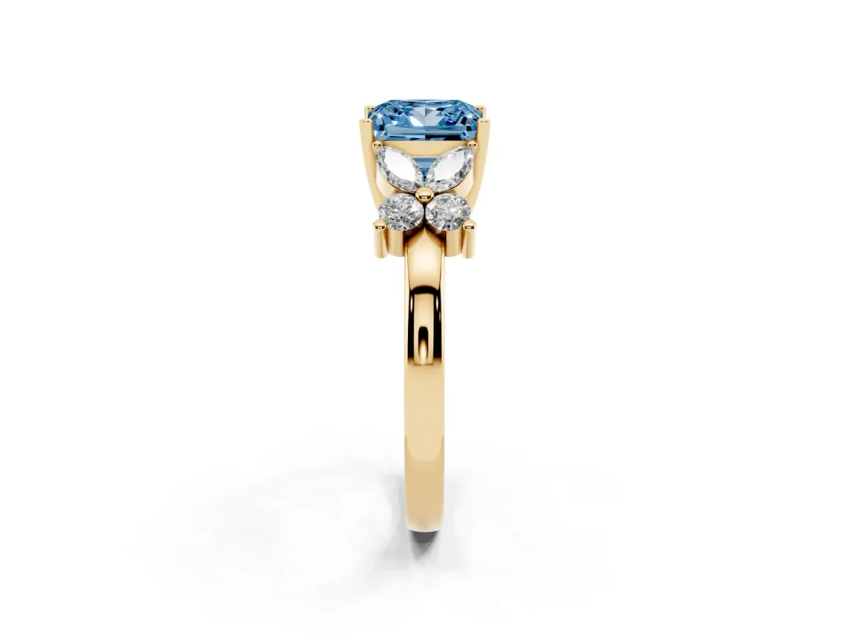 Fancy Blue Princess Cut Diamond Floral Cluster Ring with Solitaire Band and Prong Setting Yellow gold