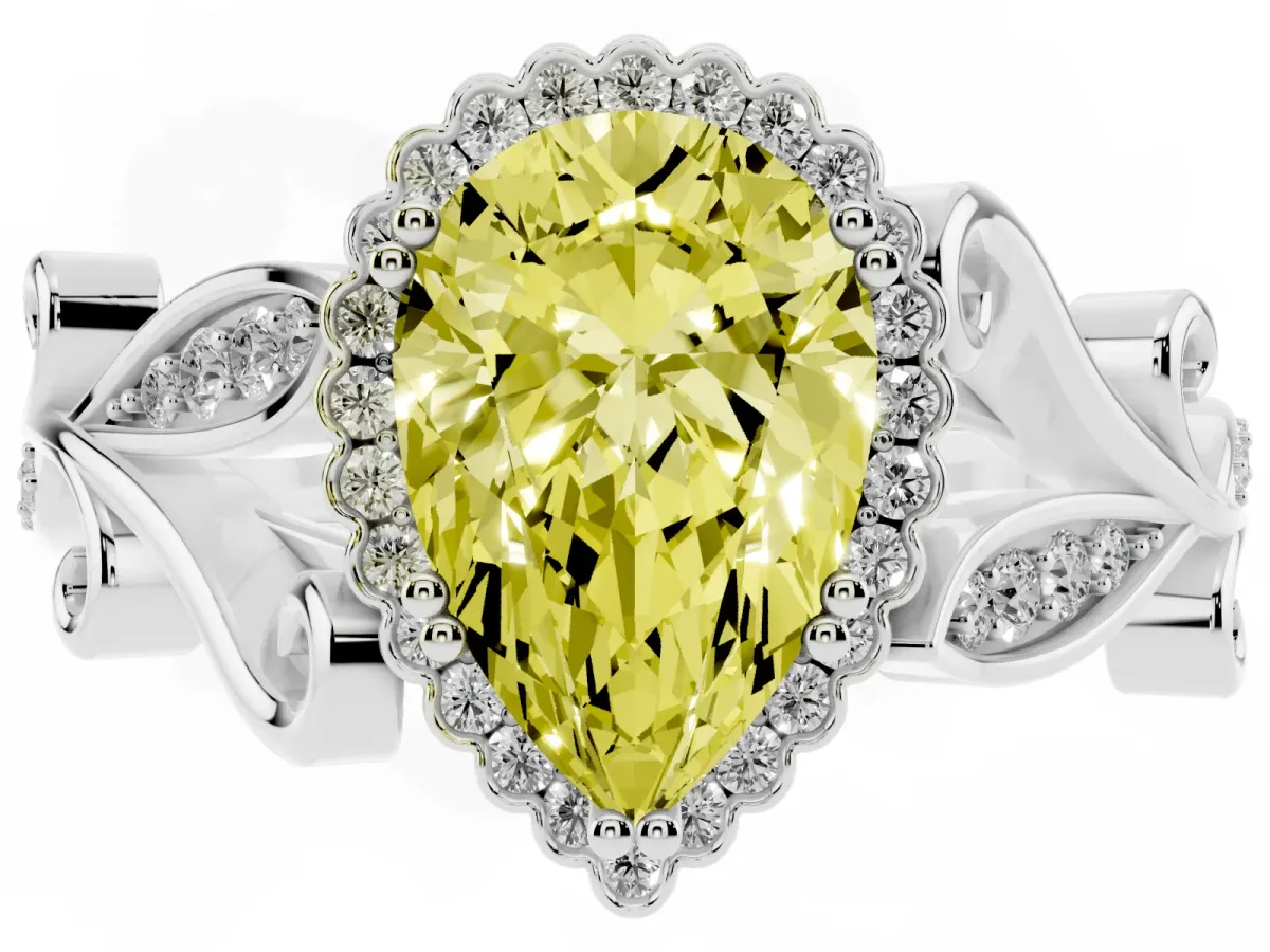 Fancy Yellow Pear Cut Diamond Halo Ring with Vintage Split Shank and Four-Prong Setting Silver