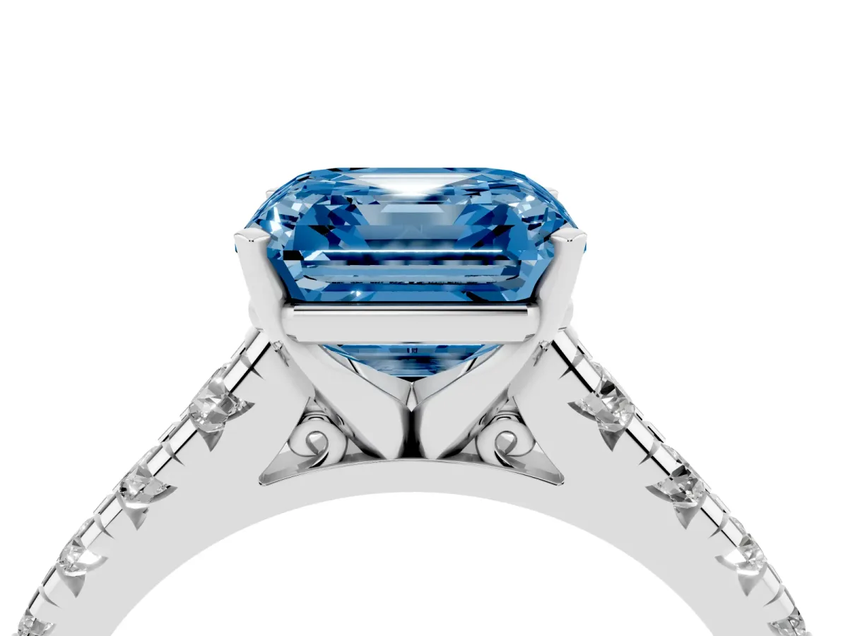 Fancy Blue Asscher Cut Diamond Cathedral Solitaire Ring with Round Pavé Band Silver