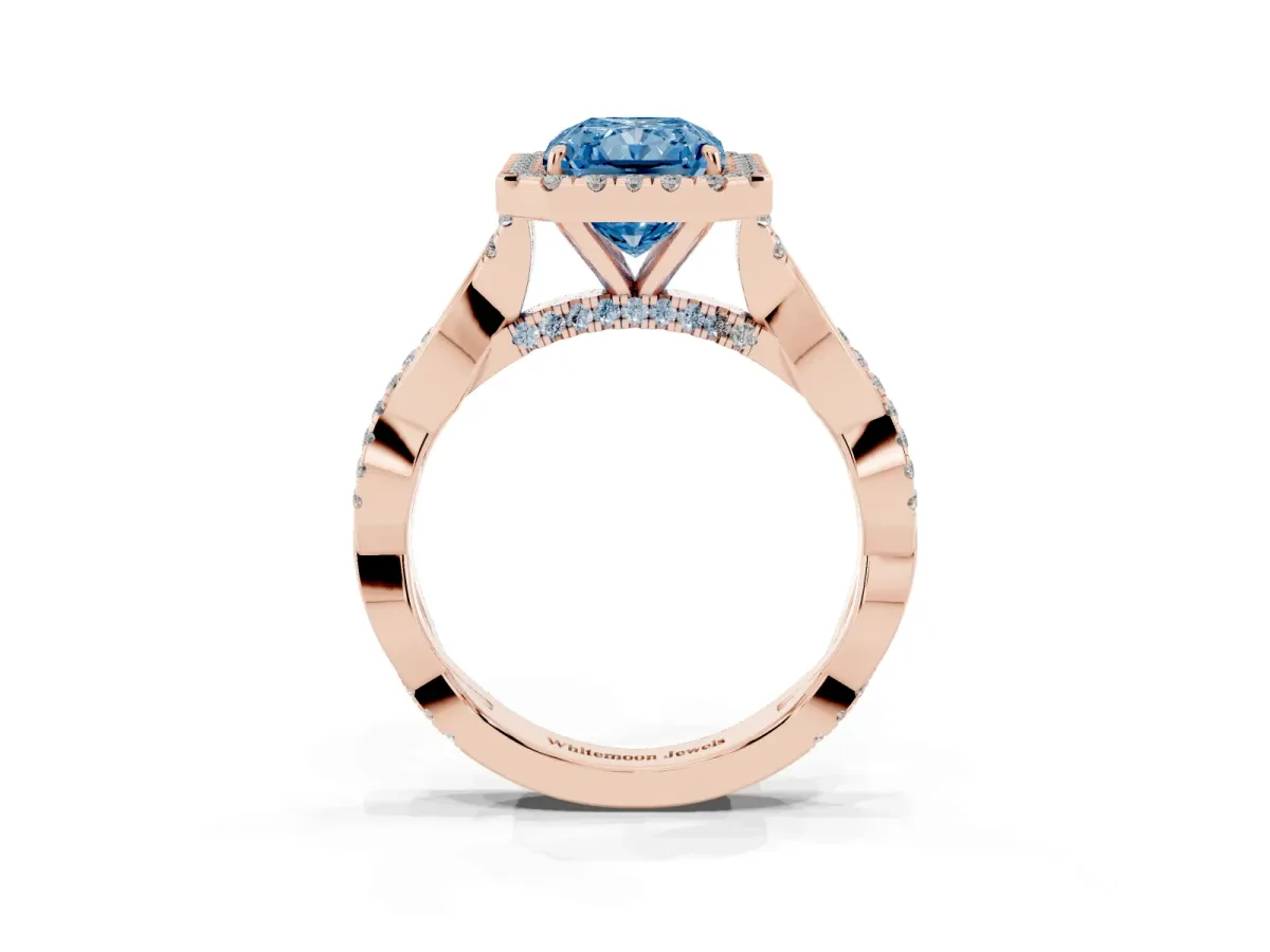 Fancy Blue Radiant Cut Halo Twist Band Solitaire Ring Rose gold