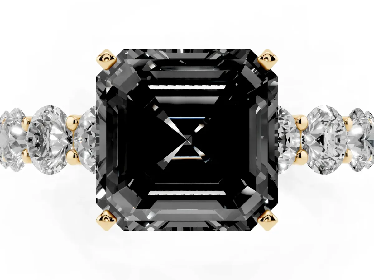 Fancy Black Asscher Cut Diamond Prong Setting with Side Stones on a Pave Band Yellow gold