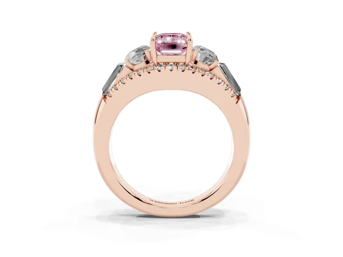 Fancy Pink Three-Stone Emerald Cut Diamond Engagement Ring with Pave Band and Prong Setting Rose gold