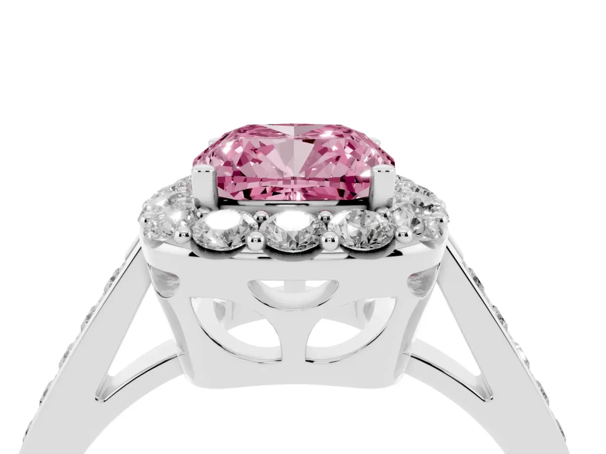 Fancy Pink Cushion Cut Diamond Floral Halo Ring with Pavé Band and Prong Setting White gold