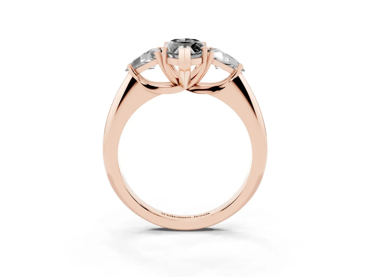Fancy Black Three-Stone Marquise Cut Diamond Engagement Ring with Trillion Side Stones and Prong Setting Rose gold