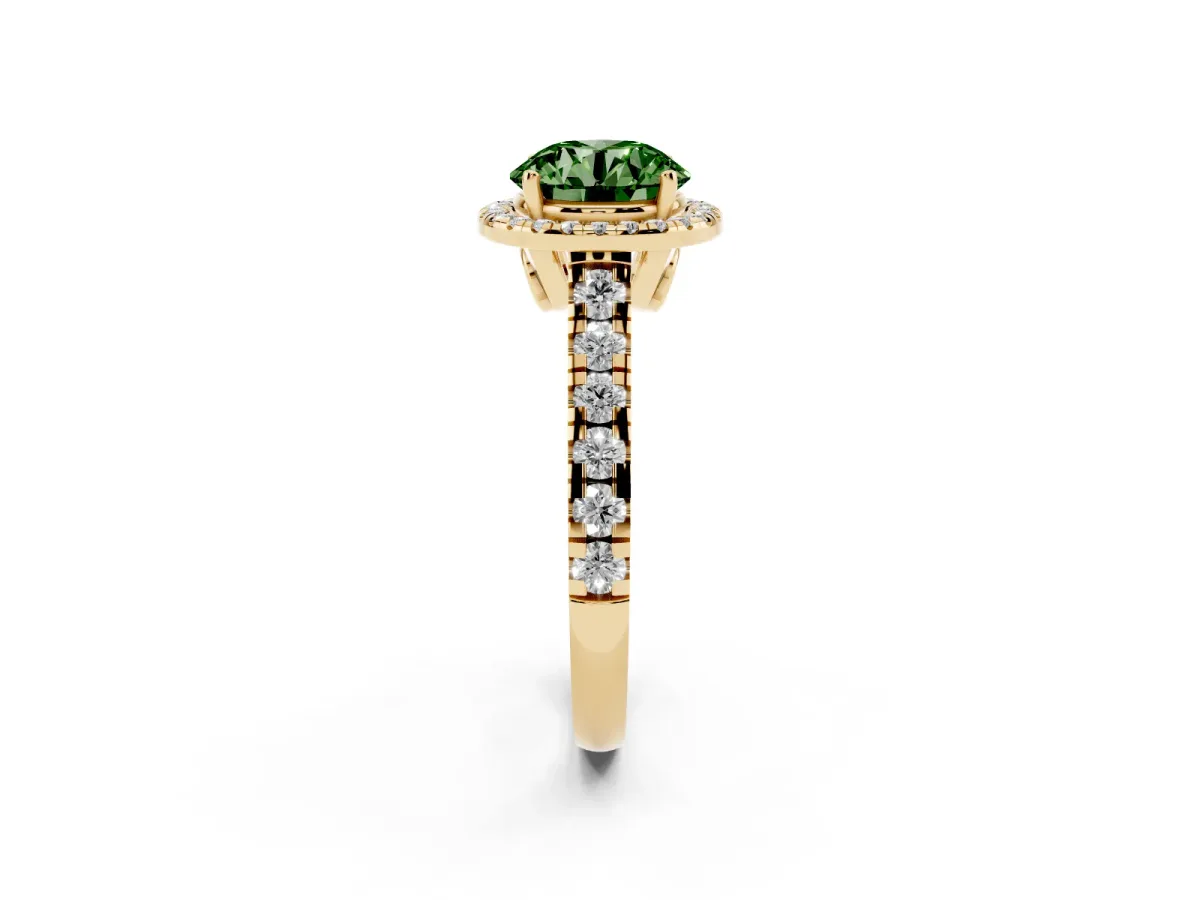 Fancy Green Round Cut Halo Pavé Diamond Engagement Ring with Four-Prong Setting Yellow gold