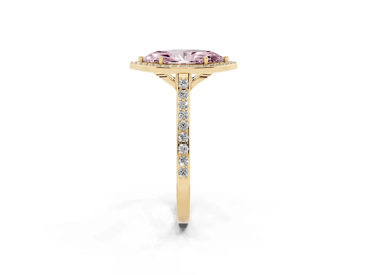 Fancy Pink Marquise Cut Diamond Halo Engagement Ring with Round Pavé Shoulders and Prong Setting Yellow gold