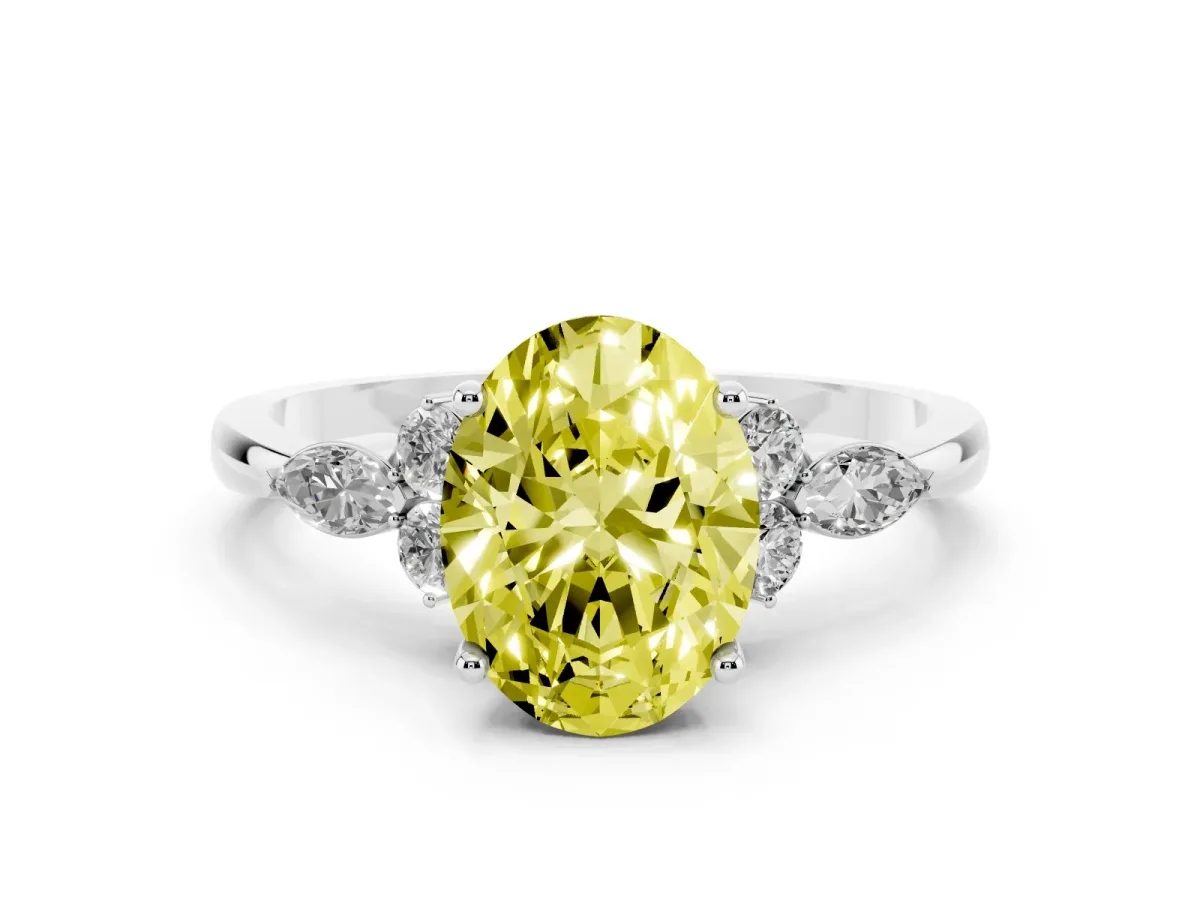 Fancy Yellow Oval Cut Brilliant Diamond Solitaire Ring with Pear Side Stones and Four-Prong Setting White gold