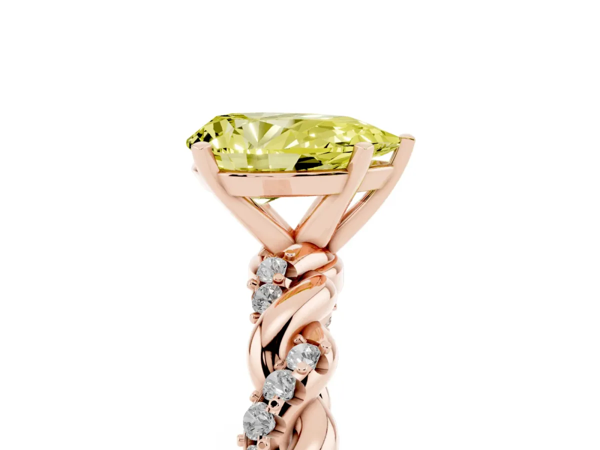 Fancy Yellow Pear Cut Diamond Solitaire Ring with Twisted Band and Pavé Accents Rose gold