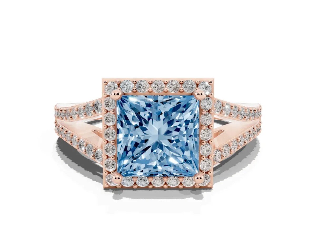 Fancy Blue Princess Cut Halo Split Shank Pave Diamond Ring with Four-Prong Setting Rose gold