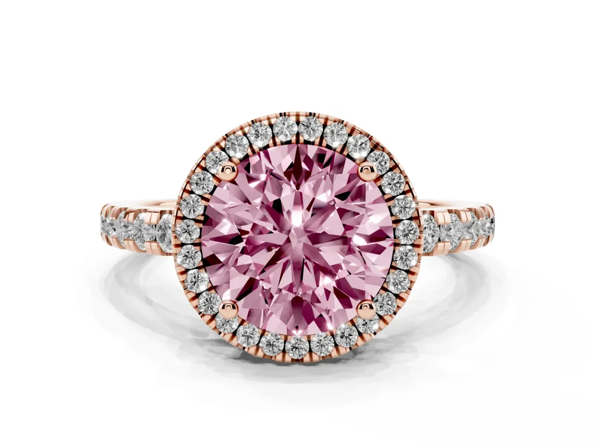 Fancy Pink Round Cut Diamond Halo Ring with Pavé Band and Four-Prong Setting Rose gold