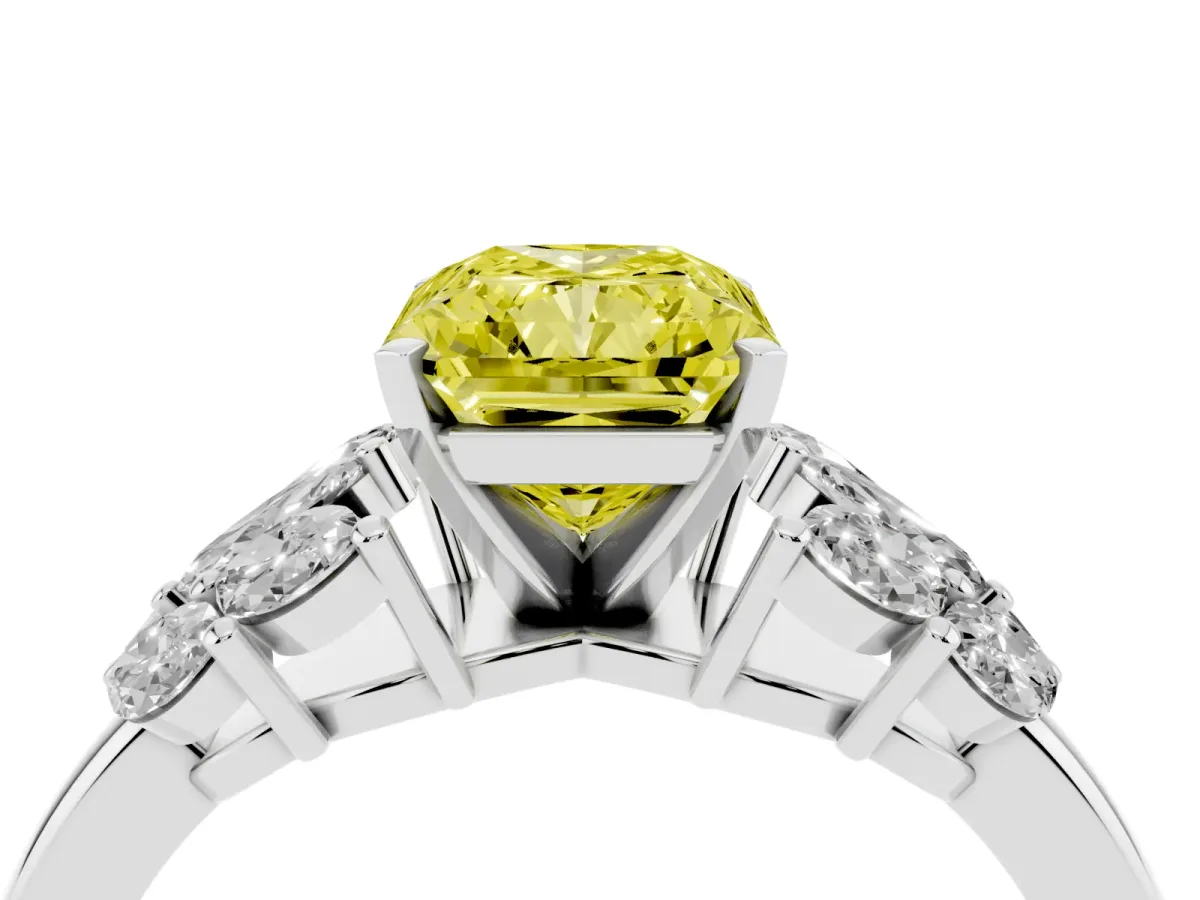 Fancy Yellow Radiant Cut Diamond Cluster Leaf Design Ring with Prong Setting Silver