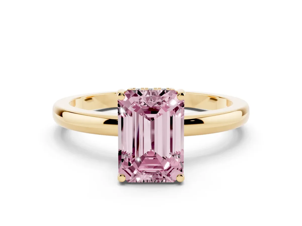 Fancy Pink Emerald Cut Solitaire Diamond Ring with Prong Setting and Plain Band Yellow gold