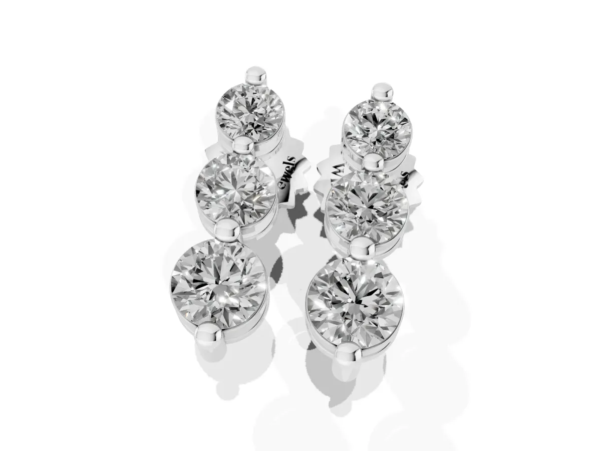 Three-Stone Round Diamond Drop Earrings with Prong Setting on White Gold White gold