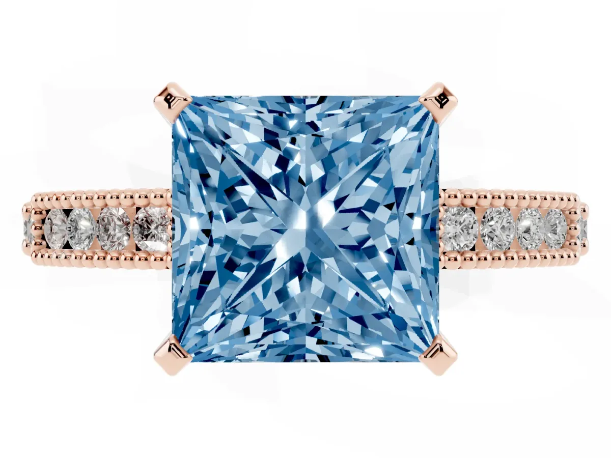 Fancy Blue Princess Cut Solitaire with Pavé Band and Four-Prong Setting Rose gold
