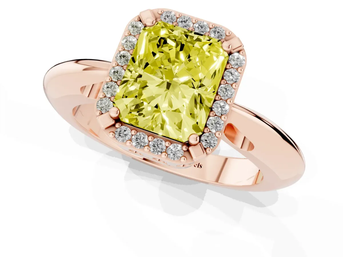 Fancy Yellow Radiant Cut Cut Diamond Halo Engagement Ring with Split Shank and Four-Prong Setting Rose gold