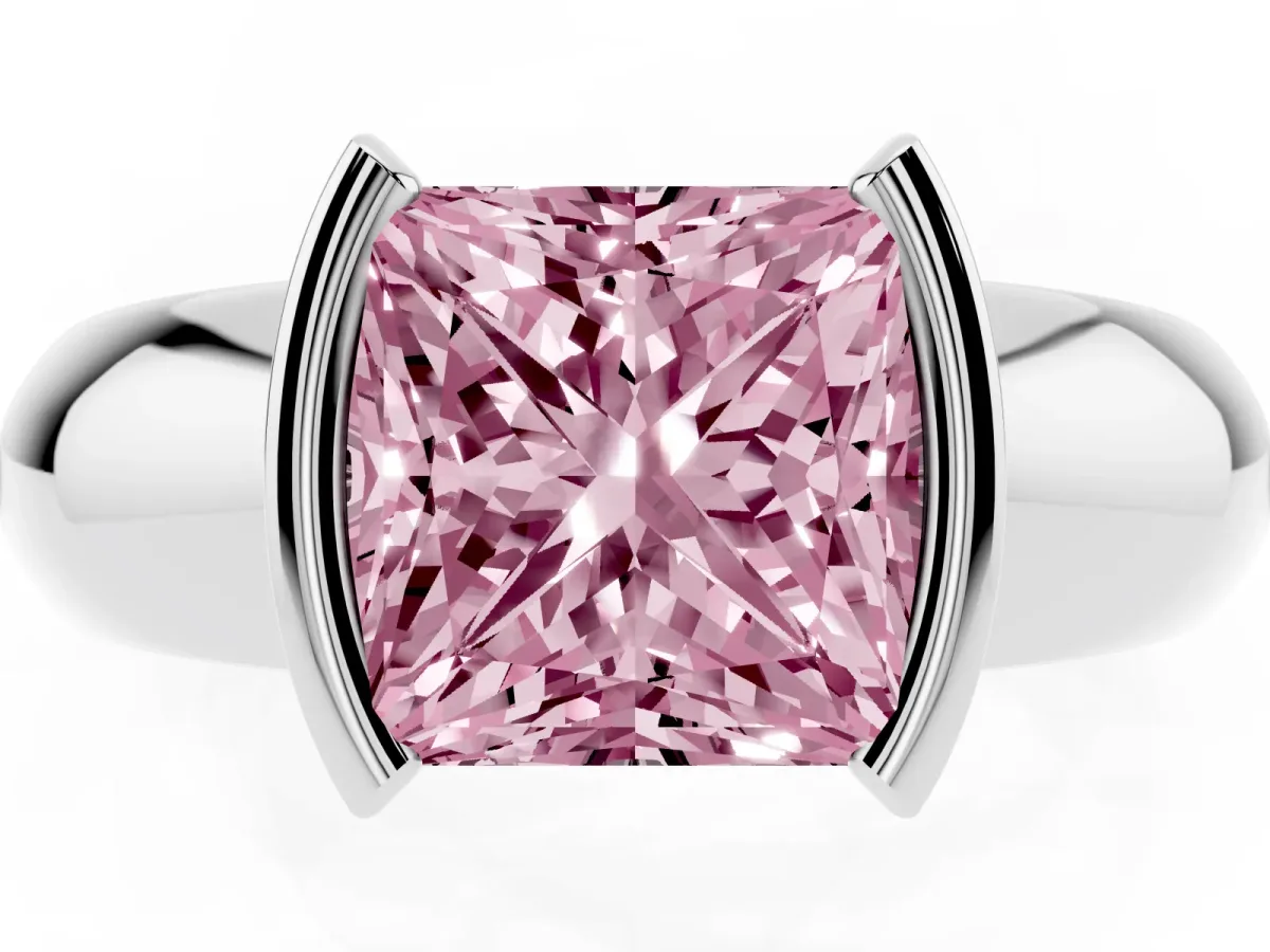 Fancy Pink Princess Cut Solitaire Tension Set Diamond Ring with Wide Band Silver