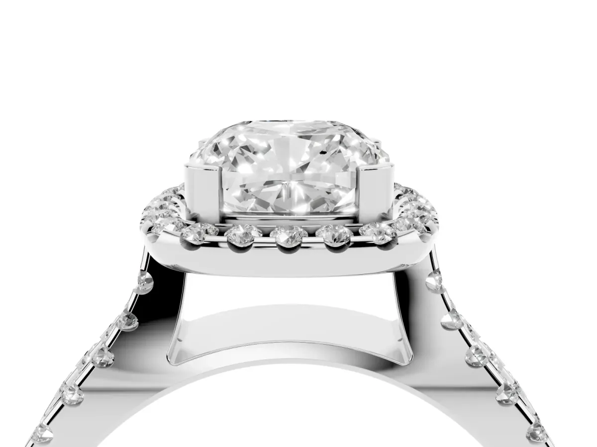 Cushion Cut Diamond Halo Ring with Split Shank Pavé Band and Prong Setting Silver