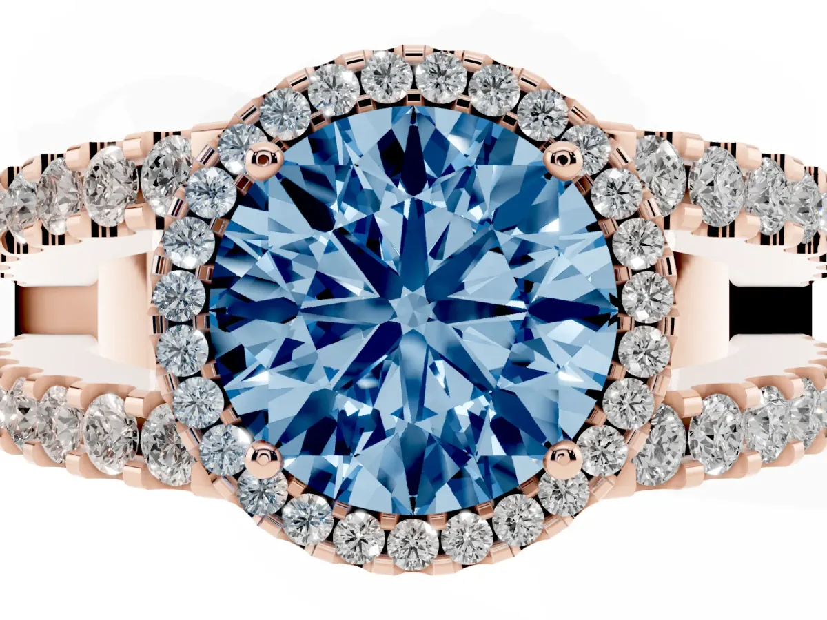 Fancy Blue Round Cut Cut Halo Split Shank Diamond Ring with Four-Prong Setting Rose gold