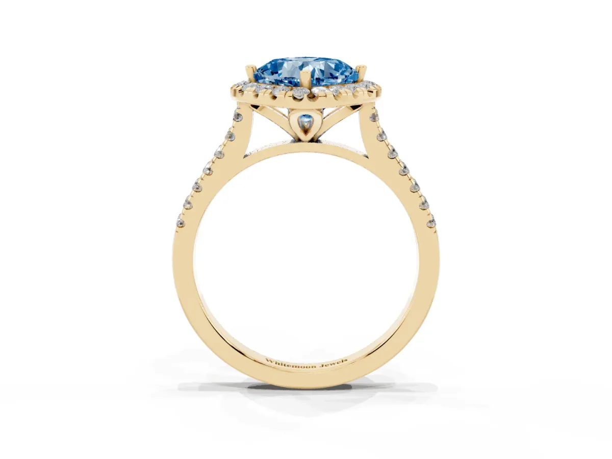 Fancy Blue Cushion Cut Diamond Cushion Halo Ring with Pavé Band Yellow gold