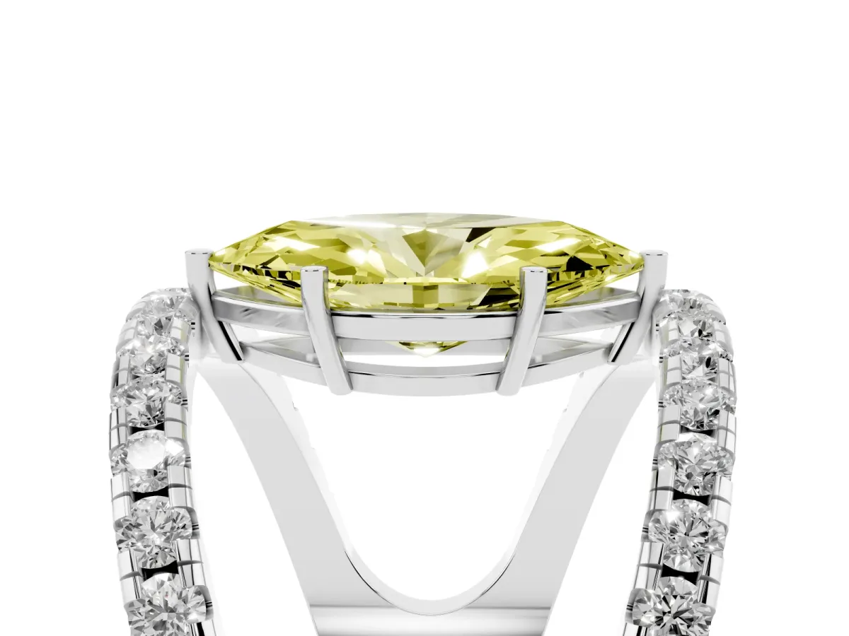 Fancy Yellow Marquise Cut Solitaire Split Shank Pave Diamond Ring Platinum
