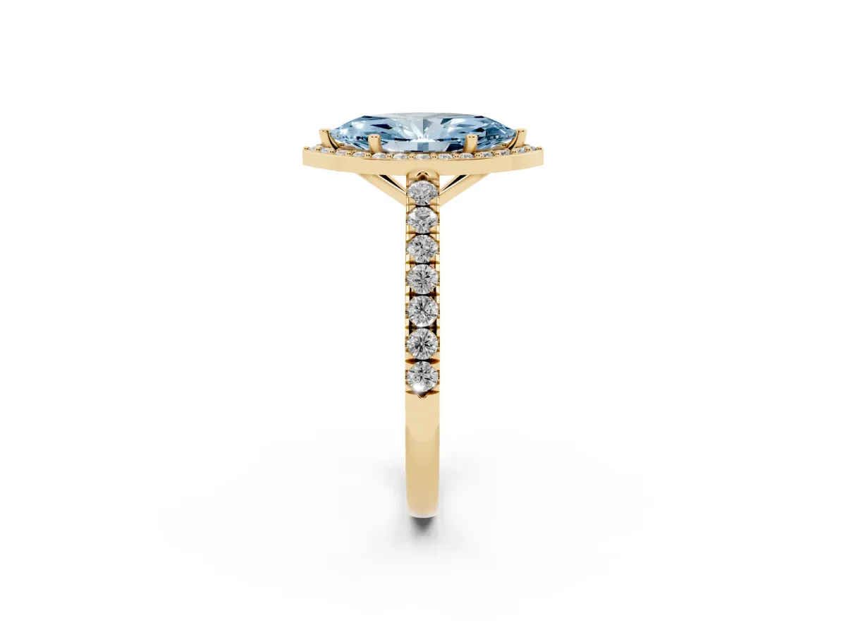 Fancy Blue Marquise Cut Cut Halo Diamond Engagement Ring with Pave Band and Four-Prong Setting Yellow gold