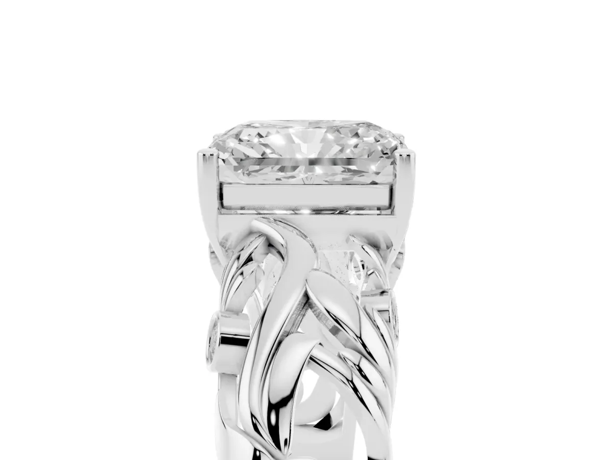 Radiant Cut Solitaire Diamond Leaf-Inspired Vine Band Ring with Prong Setting Silver