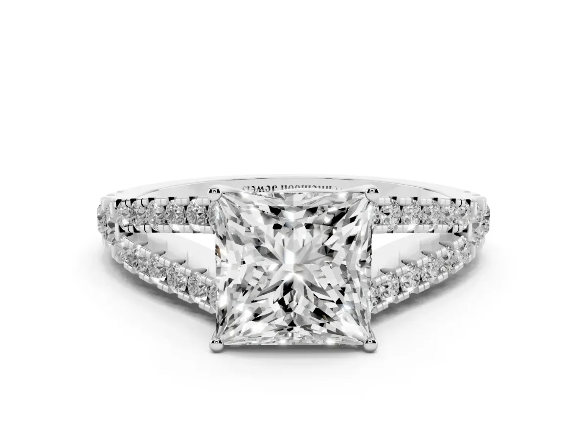 Princess Cut Diamond Split Shank Pavé Engagement Ring with Four-Prong Setting White gold