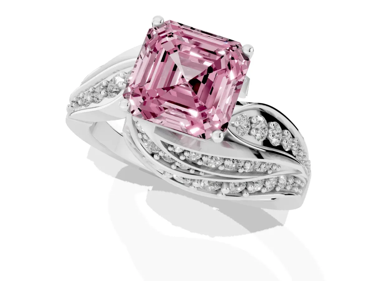 Fancy Pink Asscher Cut Diamond Solitaire Ring with Prong Setting and Twisted Pavé Band Silver