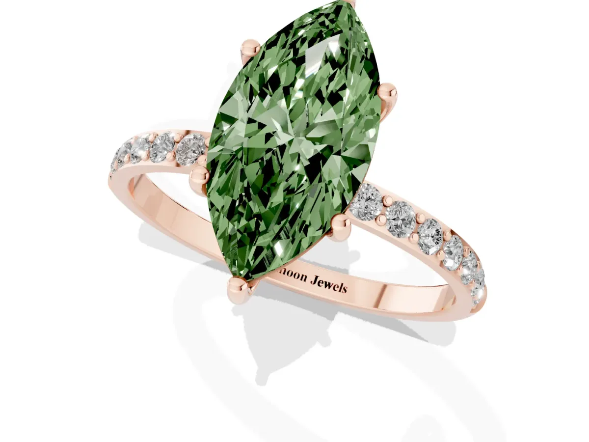 Fancy Green Marquise Cut Diamond Solitaire Ring with Round Pavé Shoulders and Prong Setting Rose gold