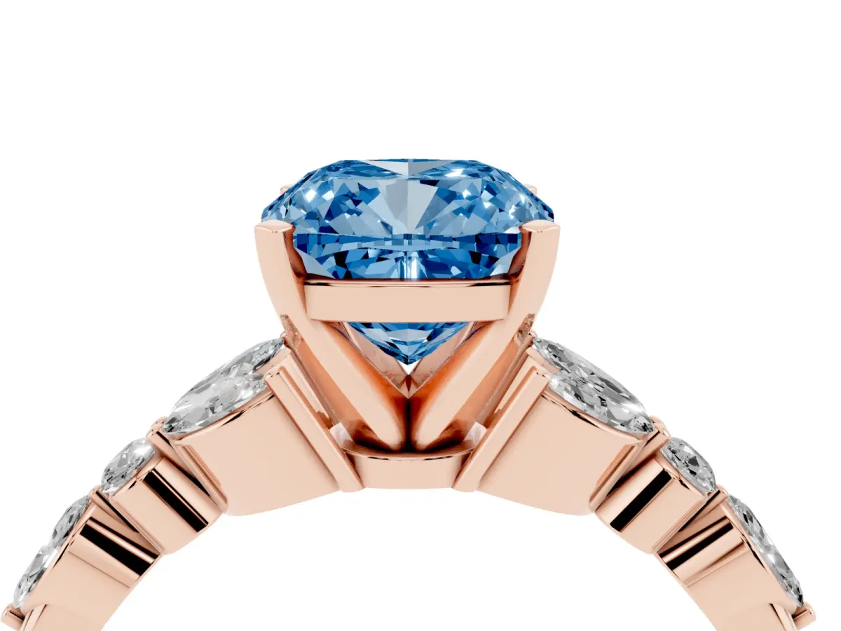 Fancy Blue Cushion Cut Diamond Solitaire Ring with Side Stones and Four-Prong Setting Rose gold
