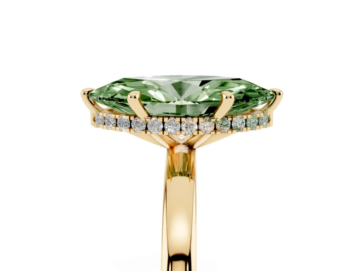 Fancy Green Marquise Cut Solitaire Engagement Ring with Cathedral Band and Four-Prong Setting Yellow gold