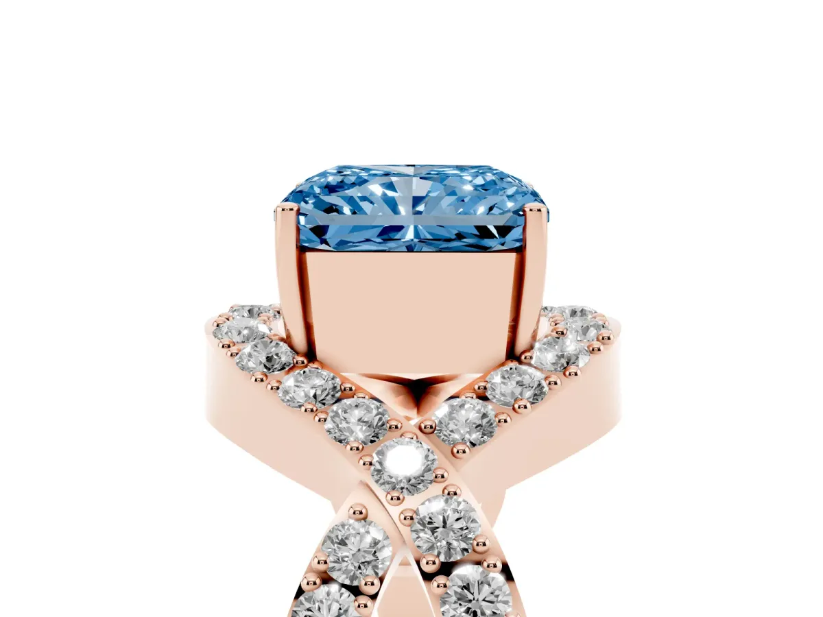Fancy Blue Radiant Cut Solitaire Twist Band Pavé Diamond Engagement Ring Rose gold