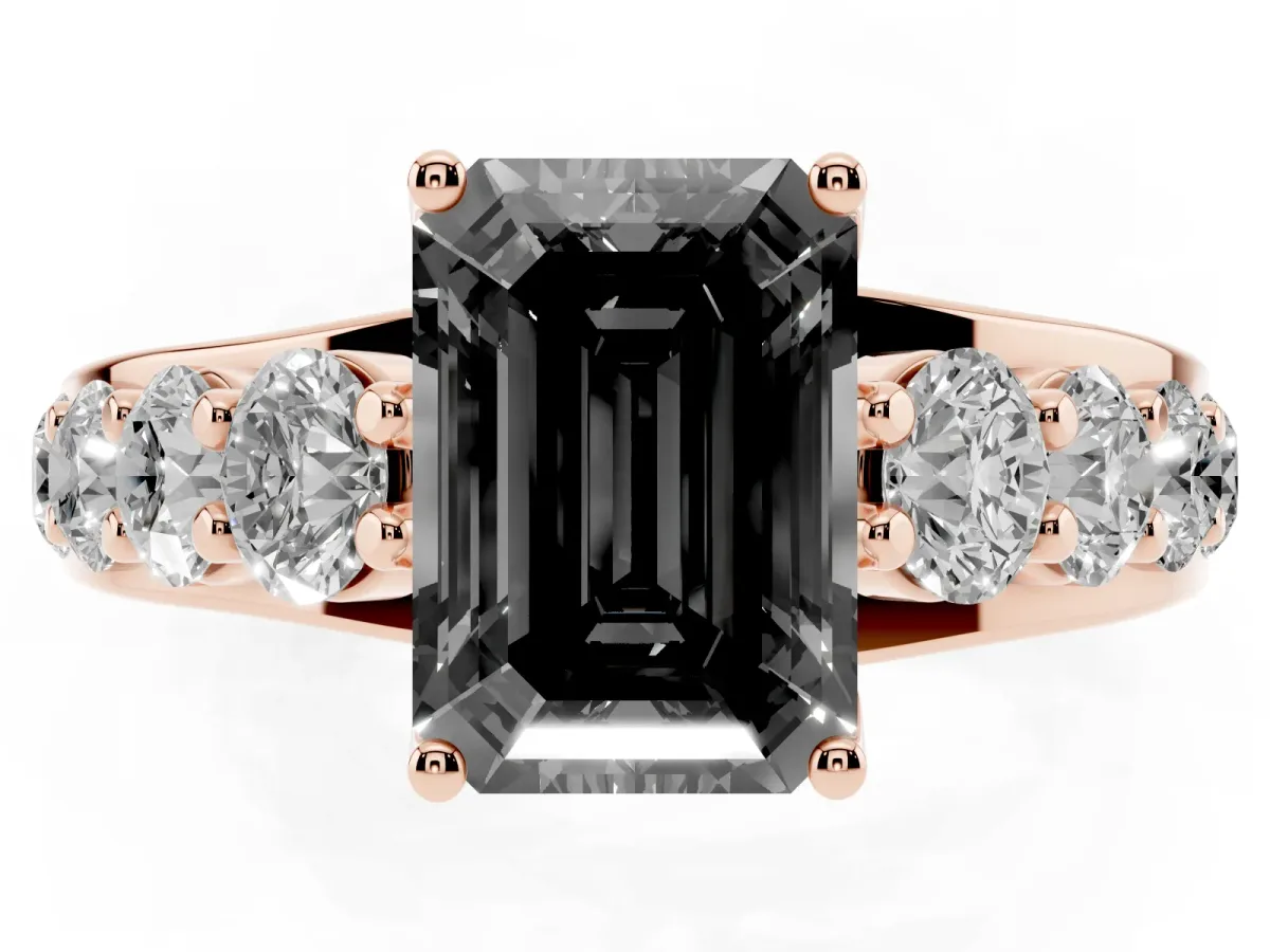 Fancy Black Emerald Cut Diamond Engagement Ring with Pavé Band and Four-Prong Setting Rose gold