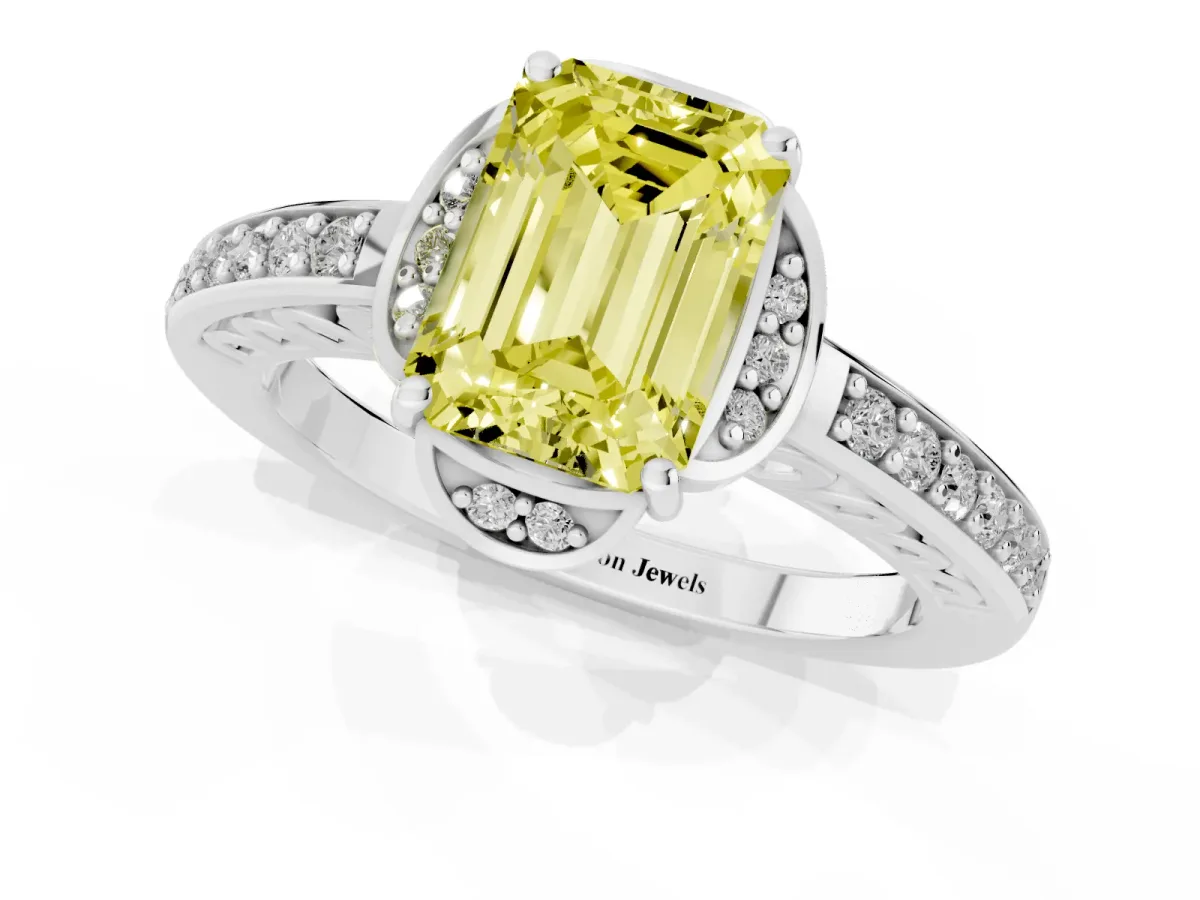 Fancy Yellow Emerald Cut Cut Halo Diamond Ring with Channel Set Band and Four-Prong Setting White gold