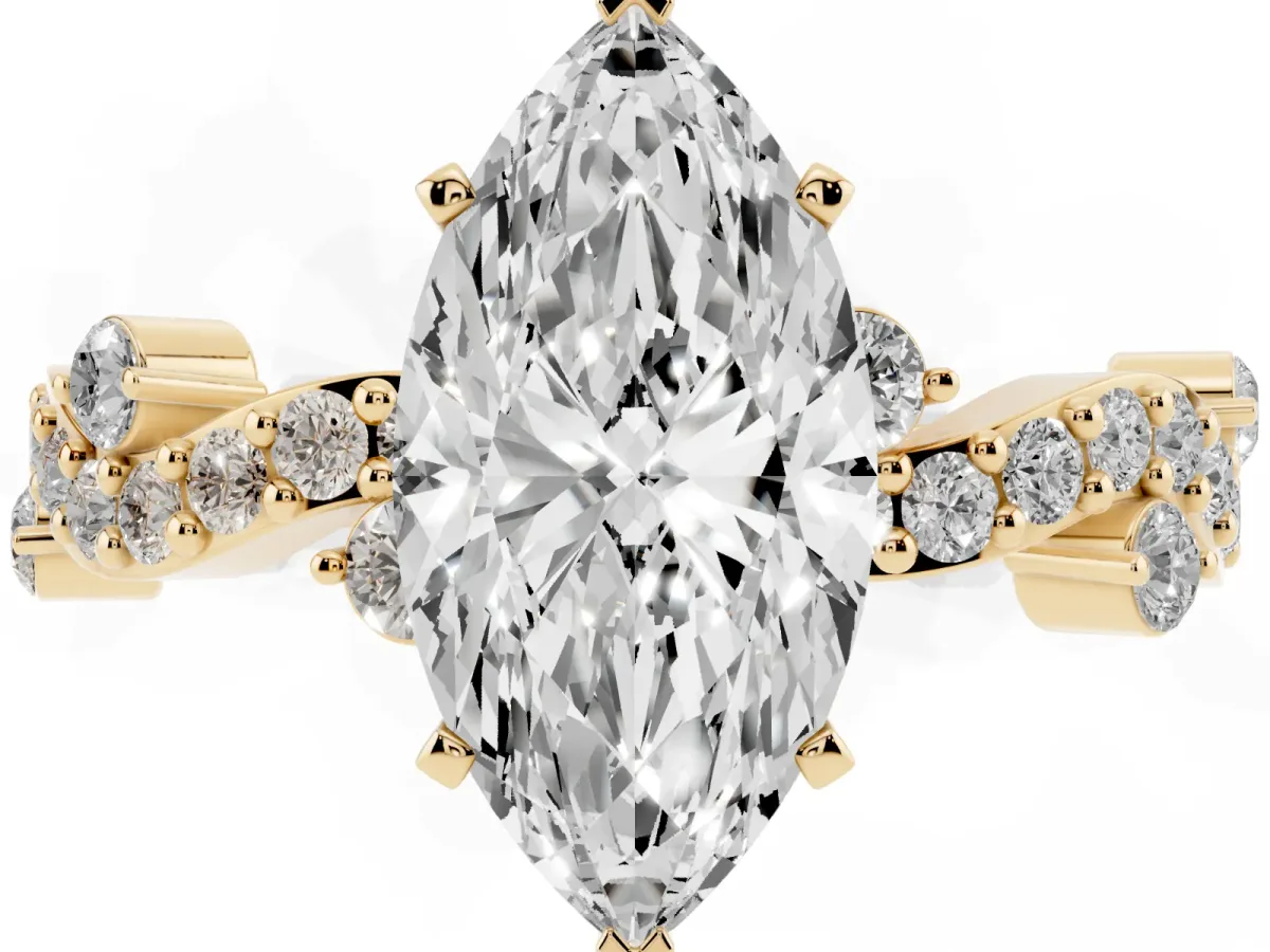 Marquise Cut Cut Solitaire Diamond Twisted Band with Pave Setting Yellow gold