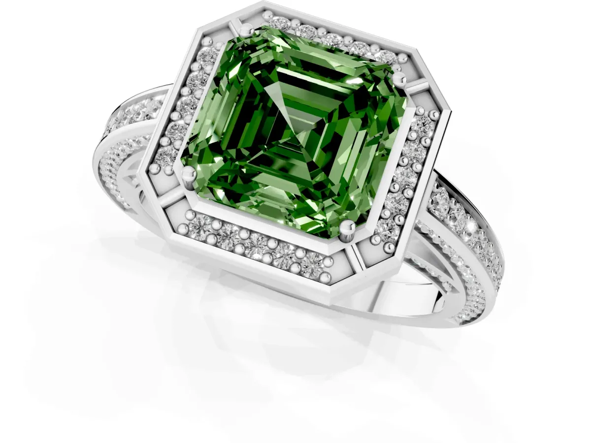 Fancy Green Asscher Cut Cut Halo Pave Split Shank Prong Setting Ring Silver