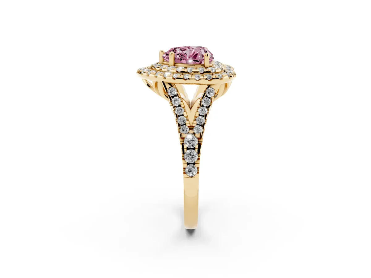 Fancy Pink Double Halo Heart Cut Diamond Pavé Split Shank Ring with Prong Setting Yellow gold