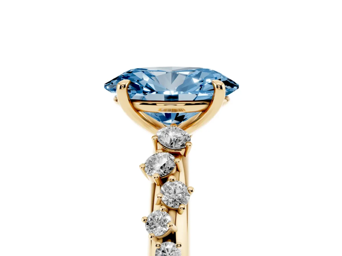 Fancy Blue Oval Cut Diamond Cluster Prong-Set Solitaire Ring Yellow gold