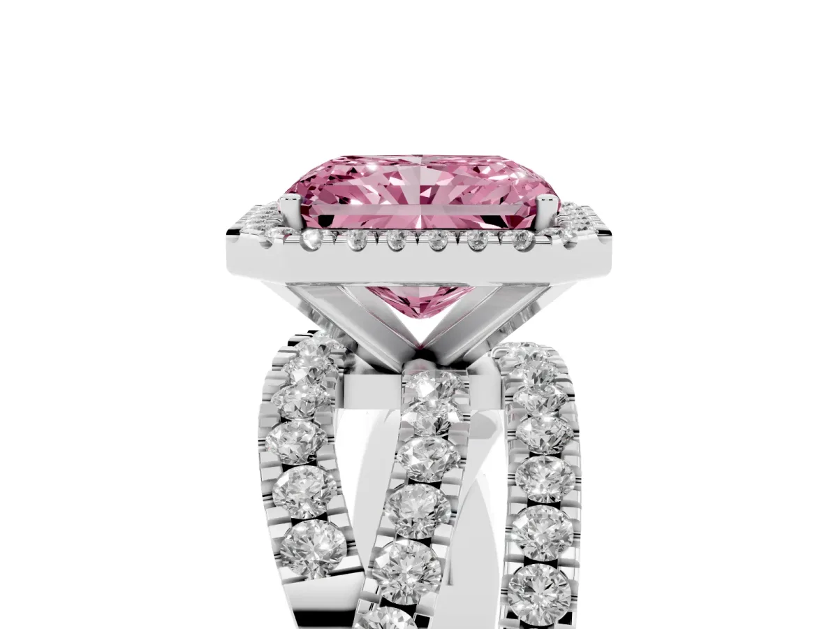 Fancy Pink Radiant Cut Diamond Halo Ring with Round Split Shank and Prong Setting Silver