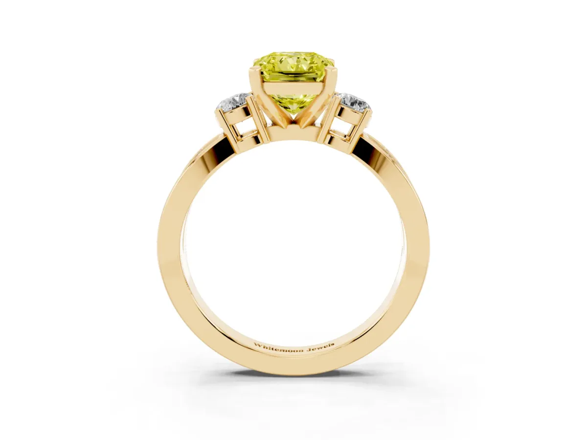 Fancy Yellow Three-Stone Radiant Cut Cut Diamond Twist Band with Prong Setting Yellow gold