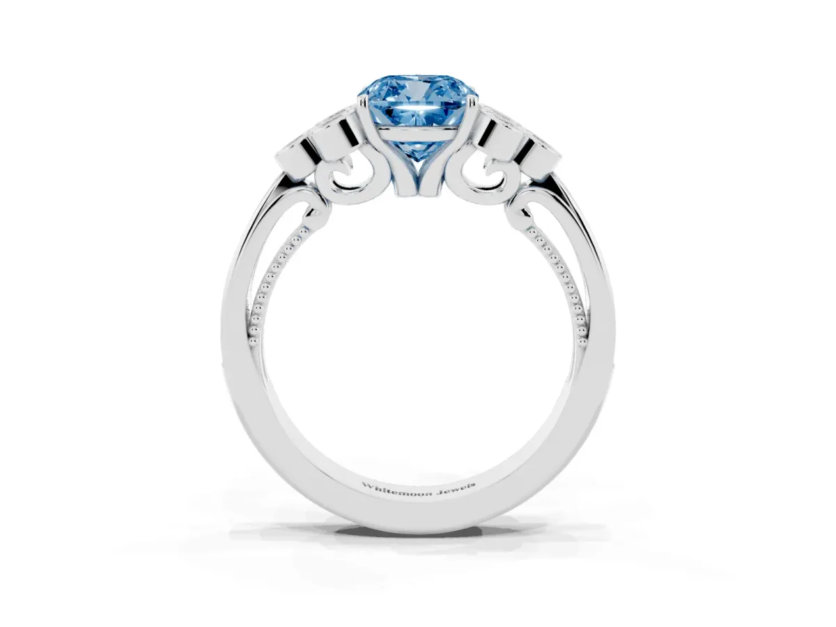 Fancy Blue Cushion Cut Cut Diamond Engagement Ring with Bezel Set Round Side Stones and Prong Setting White gold