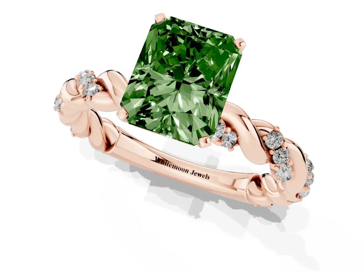 Fancy Green Radiant Cut Diamond Solitaire Ring with Twisted Band and Pavé Accents Rose gold