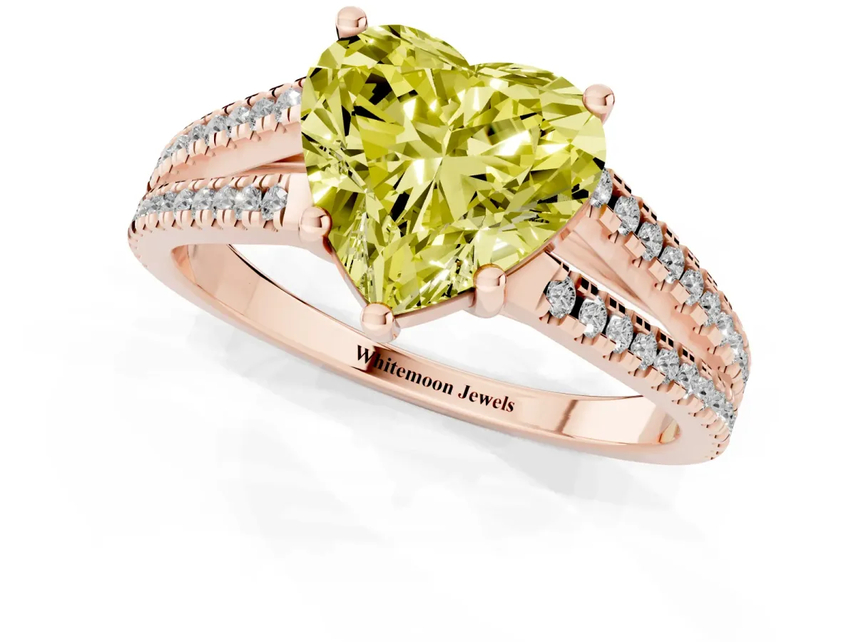 Fancy Yellow Heart Cut Diamond Solitaire Engagement Ring with Split Shank Pavé Band Rose gold