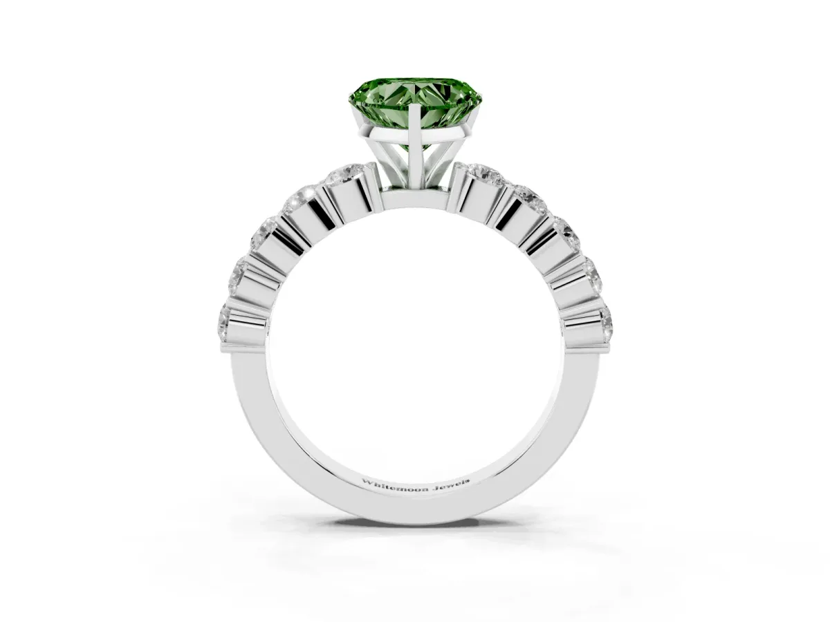 Fancy Green Heart Cut Diamond Solitaire Ring with Shared Prong Round Side Stones Platinum
