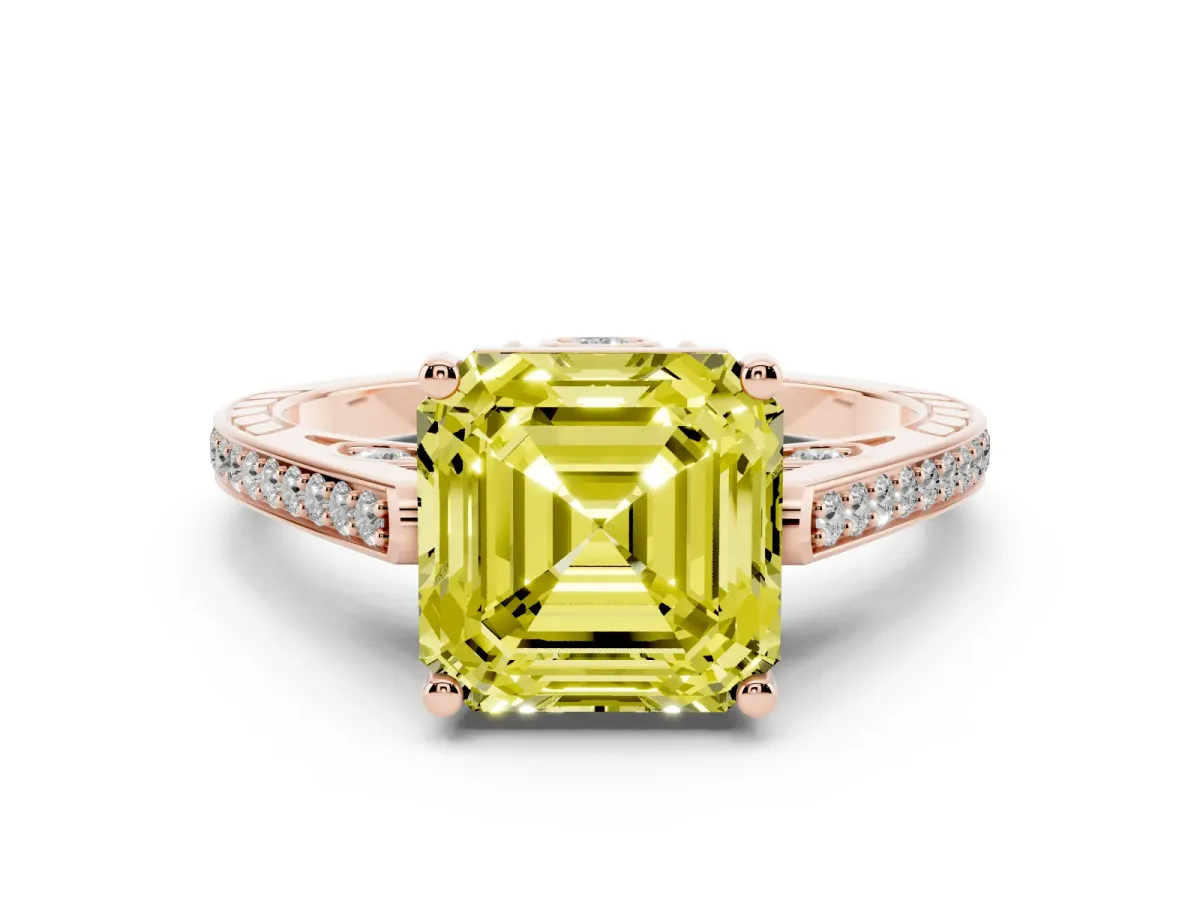 Fancy Yellow Asscher Cut Cut Cathedral Pave Diamond Engagement Ring with Six-Prong Setting Rose gold