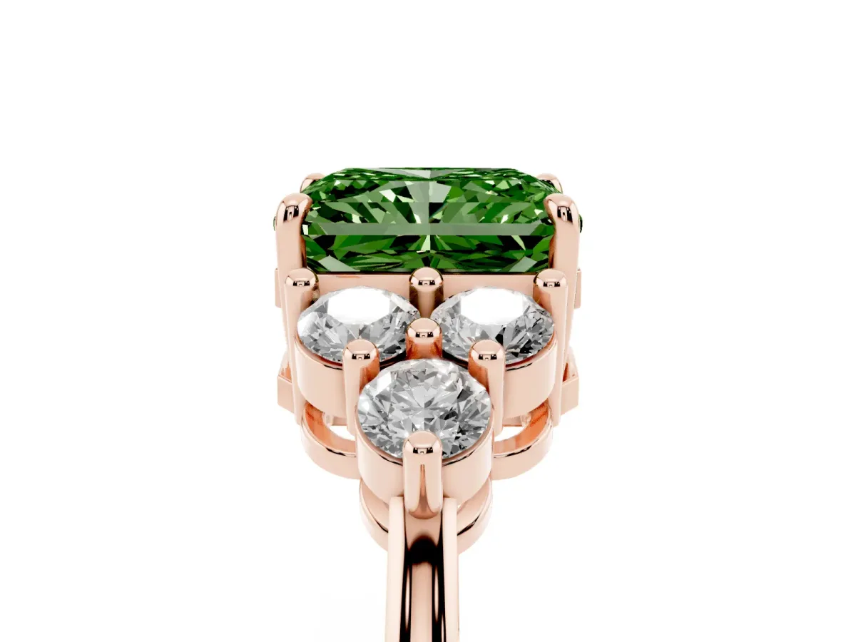 Fancy Green Radiant Cut Brilliant Diamond Cluster Accent Solitaire Ring with Prong Setting Rose gold